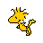 Pixelated yellow cartoon character with black outlines in a running pose on gray background, no visible text or additional props.