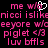 Pixelated pink text on black background with white heart symbol, repeated in mirrored layout.
