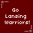 Red background with white pixelated text reading "Go Lansing Warriors!" repeated six times in a , surrounded by small star and dot patterns