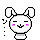 Pixel art bunny with closed eyes and pink cheeks on left, same bunny with open eyes and Japanese text on right against gray background.