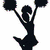 Black silhouette of a cheerleader with pom-poms, yellow tennis ball over 'LOVE' text blocks, orange Spalding basketball, orange 'Cheer' megaphone, and two blonde cartoon characters.