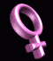 Pink female gender symbol icons in various 3D orientations against black backgrounds, with some showing rotation or tilt.