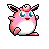 Pixel art contact sheet of two animated frames showing a pink Pokémon character with teal eyes and black-and-pink ears, one frame with legs visible and the other with a tail extended.