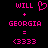 Pixelated pink text and symbols on black background with two identical side-by-side layouts showing 'WILL + GEORGIA = (3333)' where left layout includes a heart symbol.