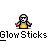 Animated contact sheet of a pixel art character holding glow sticks in various poses across 23 frames, with repeated text "GlowSticks" below each frame on gray background.