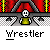 Pixelated character in yellow outfit with red curtain background, showing multiple states of motion and text labeled 'Wrestler' below.