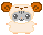 Pixel art hamster in beige hooded outfit with brown curled ears, gray face, white chest, and peach limbs against light gray background.