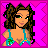 Pixel art contact sheet showing three frames of an animated character with brown curly hair, turquoise bikini top, and gray pants against a pink background.