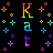 Animated contact sheet of six frames showing a rainbow-colored 'Kat' text logo with scattered multicolored plus signs and dots on black background.