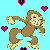 Pixel art animation of dancing monkeys with pink hearts on a light blue background, featuring text "Monkey Dance!!!" in cyan on black.