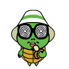 Green cartoon turtle with white-and-green striped hat, black spiral glasses, and brown shell vest; mouth changes from open to closed while holding a small object.