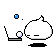 Pixelated white blob character with flat black mouth, standing beside a small laptop emitting light blue spheres on gray background.