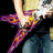 Pixelated image of a figure with purple limbs and torso against dark background, featuring bright yellow and white light effects on upper body.