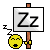 Pixel art of a yellow circular character holding a sign with two Zs, showing sleepiness and yawning.
