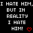 Pixelated text repeats 'I HATE HIM, BUT IN REALITY I HATE HIM!' with red heart and checkmark symbols on black background.