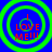 Four identical circular icons with green concentric rings on a blue background, each containing red text "I LOVE ME!!!" in a pixelated font.
