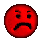 Red circular emoji with black facial features on gray background; one variation shows teeth, others show frowns.