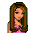 Pixel art buddy icon featuring a female character in pink and white attire with long brown hair, displayed as part of an animated contact sheet showing multiple frames.