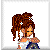 Pixel art of a woman with brown braided hair and white flower accessories, wearing a white top and blue skirt, holding her hands near her chest.