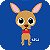 Pixelated cartoon dog with large eyes, pink inner ears, and a red collar on blue background.