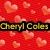 Red pixelated background with scattered orange hearts, yellow text reading "Cheryl Coles," "No:1 fan is......," and "RaegeanH2 !!"