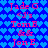 Blue background with repeating light blue heart pattern, red text listing names and symbols in two