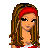 Pixel art contact sheet showing multiple frames of a female character in candy-themed attire with red and white striped top, white skirt, black belt, and text elements on red backgrounds.