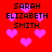 Red background with pink pixelated hearts and black text reading 'SARAH ELIZABETH SMITH' in four identical blocks.