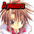 Pixelated anime-style character with brown hair and red collar, red text "Ayumu" above head on black background.