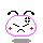 Pixelated white circular icon with pink border, black antennae, red cross cheeks, and angry expression showing closed eyes and downturned mouth.