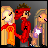 A 4-frame pixel art contact sheet showing a red-masked character interacting with two blonde characters, one in an orange shirt and another in a purple top, with speech bubbles reading "MOSH PIT!" in the bottom frames.