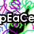 Pixelated text 'pEaCe oUt' overlaid on abstract colorful swirls with black hand silhouettes holding up the letters.
