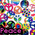 A dense of colorful peace signs and circular icons with text overlays reading "Peace," "Love &," and "NICK JONAS" in pink lettering