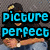 A pixelated image of a person wearing a black cap and shirt with gold accents, blue jeans, and a wristwatch, overlaid with cyan text reading "picture perfect" in the top-left quadrant.