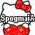Hello Kitty character with red bow and dress, holding a red heart, with text "Spogma" overlaid on one version.
