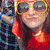 Animated sequence showing a person with red hair and sunglasses in various poses including close-up, arm extended, and group settings.