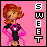 Pixel art of a woman with red hair in black top and pink accents against pink background, vertical text "SWEET" on right.