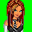Pixel art of a character with red-blonde hair, blue eyes, and black-and-white clothing against green background with red text.