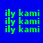 Green pixelated text 'ily kami' repeated across four quadrants on a blue background with white rectangular overlays shifting positions.