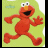 Red muppet character with wide open mouth and raised arms on light green background, orange text below reads "Love Elmo!".