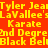 Yellow pixelated text on orange background reads "Tyler Jean LaVallee's Karate 2nd Degree Black Belt" in two identical horizontal with slight vertical misalignment