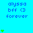 A blue background displays repeated text 'alyssa bff <3 forever' with green heart icons appearing in vertical