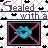 Pixelated icon with text 'Sealed with a' above a central blue circular symbol inside a dark rectangular frame.