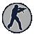 Pixelated circular icon with dark blue figure in dynamic pose against gray gradient background, bordered by black outline.