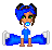 Pixel art animation of a cartoon character with blue hair and green eyes standing beside a bed, showing two frame variations in a contact sheet layout.