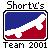 Pixel art of nine character icons with names, featuring a 'Shorty's Team 2001' logo at top-left on gray background