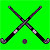 Green background with four crossed hockey sticks and a small ball below the intersection.