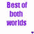 Two women in red outfits pose against a pink striped background with 'Best of both worlds' text above them.