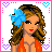 Pixel art contact sheet showing a female character in orange dress with blue accessories across multiple frames, including text panels at bottom left and right.