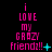 Pixelated pink text on black background reads "i LOVE my CRAZY friendz!!" with cyan symbols changing across frames.